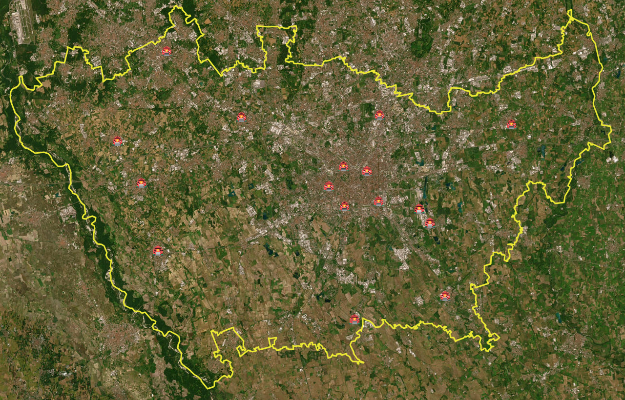 Milan province borders and fire stations